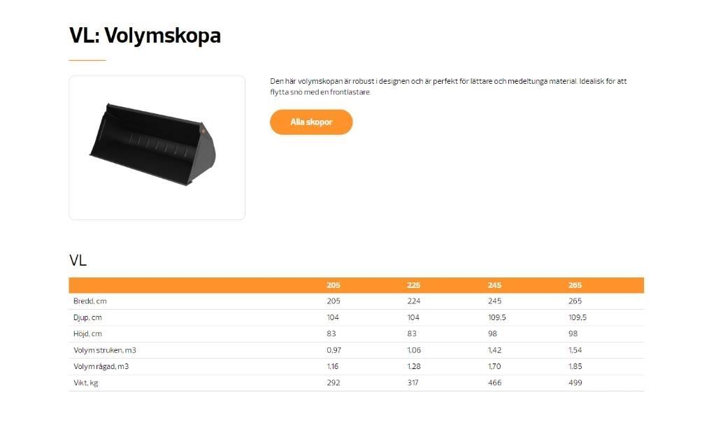 Quicke VL volymskopa Tilbehør til frontlæsser