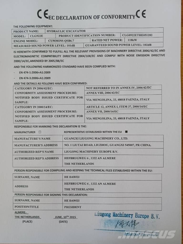 LiuGong CLG 922 E Gravemaskiner på larvebånd