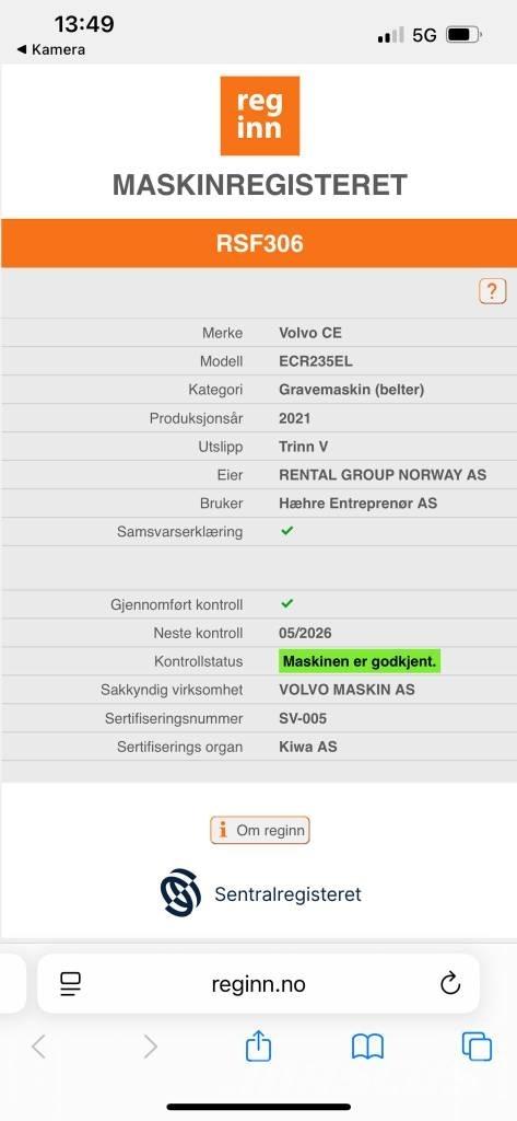Volvo ECR 235 EL Gravemaskiner på larvebånd