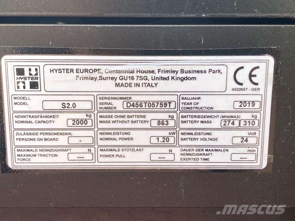 Hyster S 2.0 Gaffelstabler med gående fører