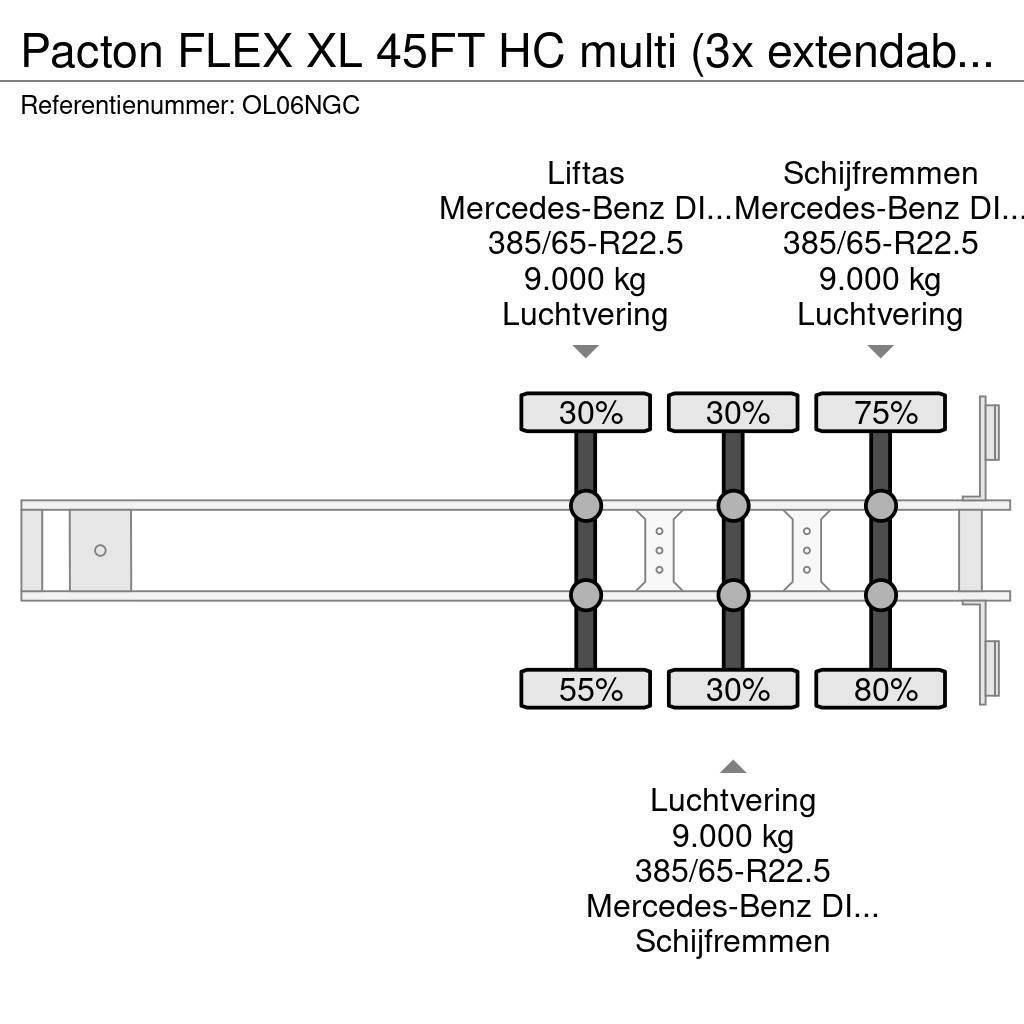 Pacton FLEX XL 45FT HC multi (3x extendable), liftaxle, M Semi-trailer med containerramme