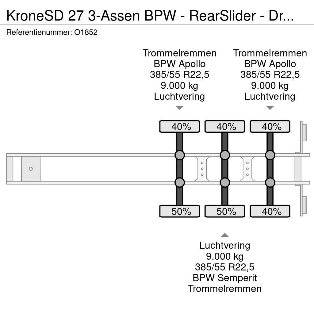 Krone SD 27 3-Assen BPW - RearSlider - DrumBrakes - 5280 Semi-trailer med containerramme